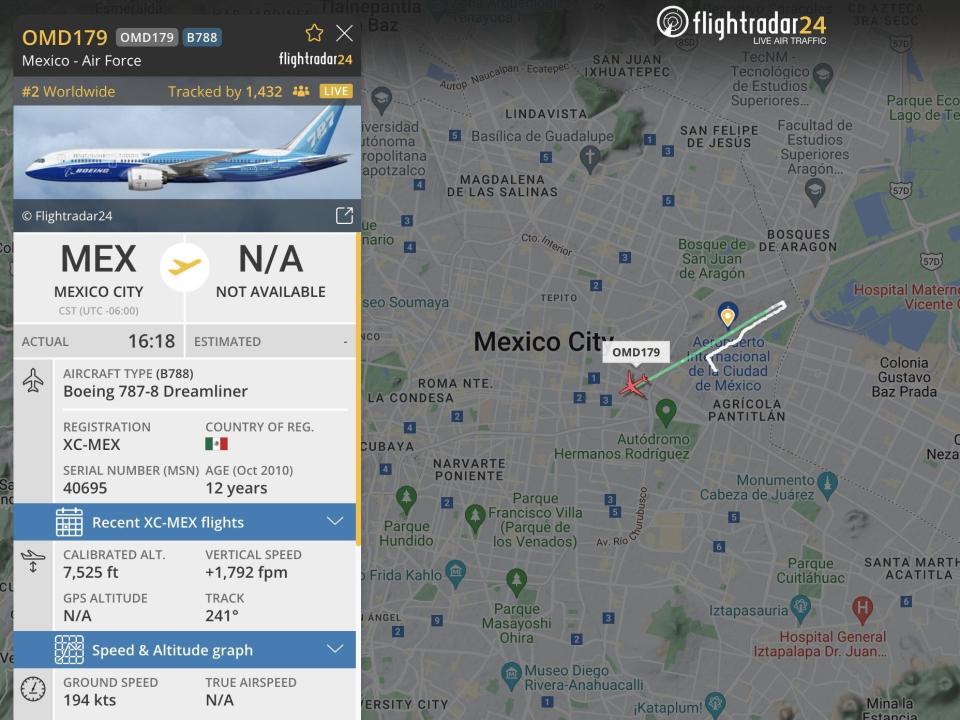 FlightRadar24 flight of Mexico's former presidential plane from Mexico City to Tucson.