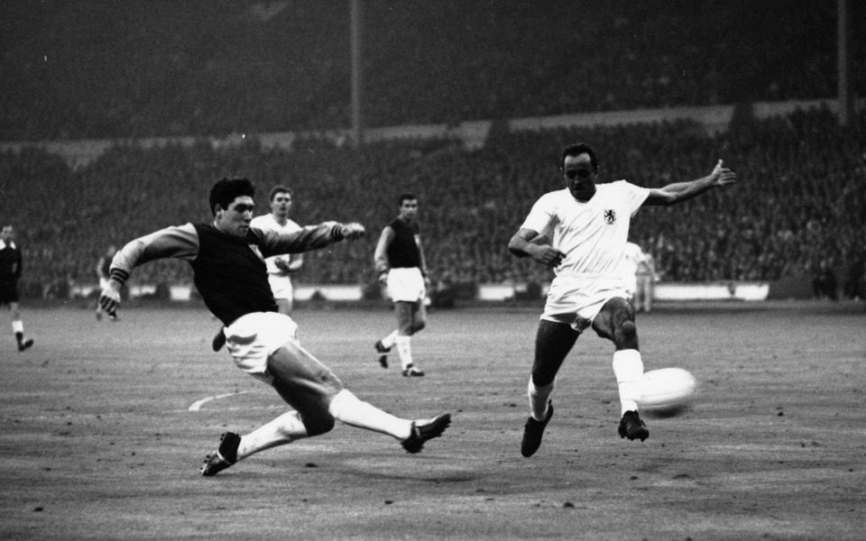 West Ham player Alan Sealey scores the first of his two goals in the final of the 1965 European Cup Winners Cup at Wembley -Brian Dear interview: ‘We were mainly from Barking, Dagenham, East Ham’ – West Ham’s European win - Central Press
