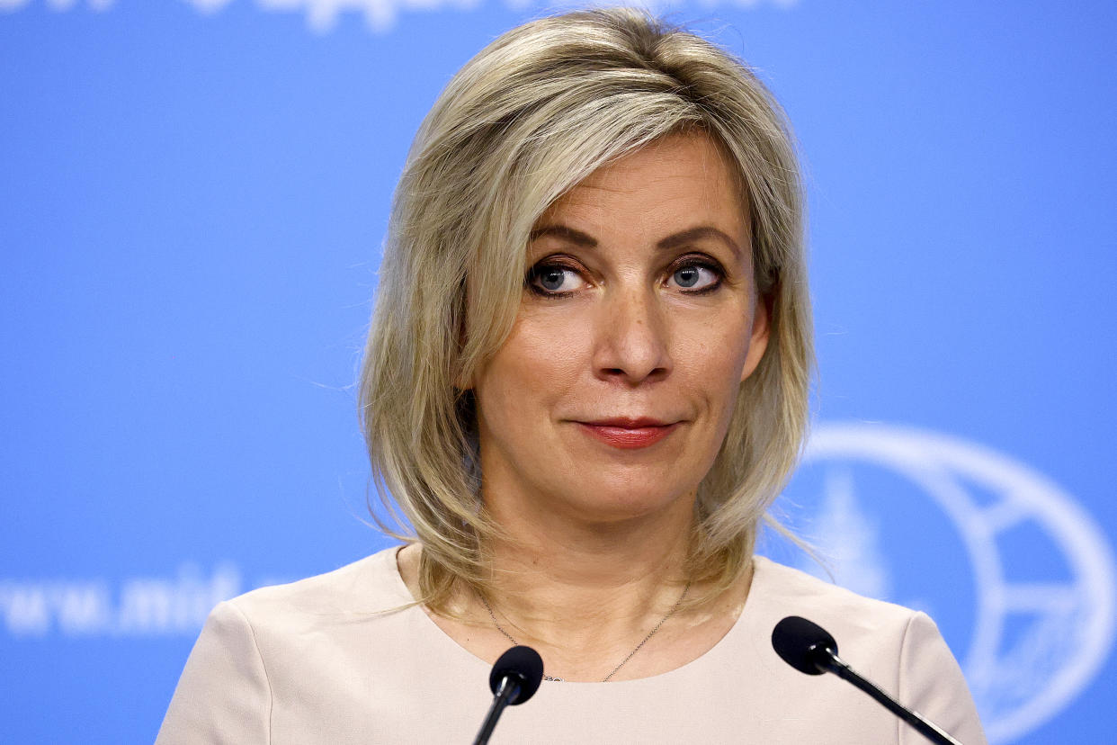 In this photo released by the Russian Foreign Ministry Press Service, Russian Foreign Ministry spokesperson Maria Zakharova speaks during the briefing about foreign policy in Moscow, Russia, Thursday, April 15, 2021. Zakharova on Thursday dismissed Western concerns about the Russian troop buildup as a 