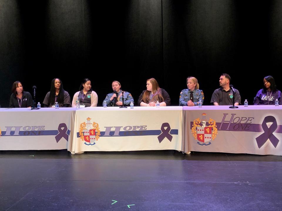 A panel of law enforcement personnel and healthcare experts discuss the opioid crisis at the Hope One Symposium marking the program's sixth anniversary at the County College of Morris Tuesday, April 4, 2023.