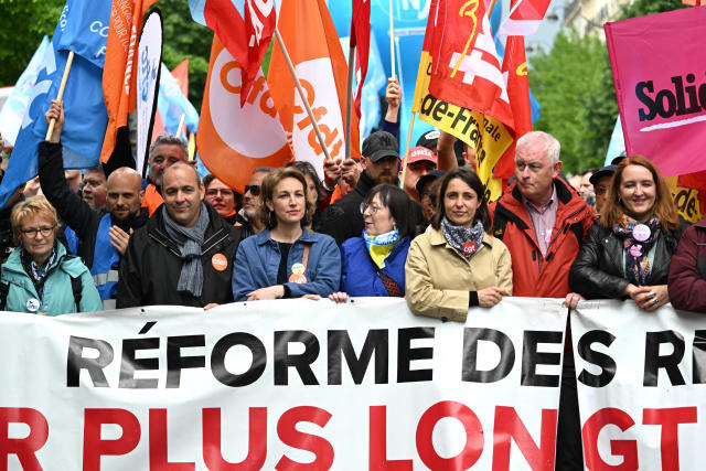 Les leaders syndicaux lors de la manifestation du 1er mai 2023 contre la r&#xe9;forme des retraites.