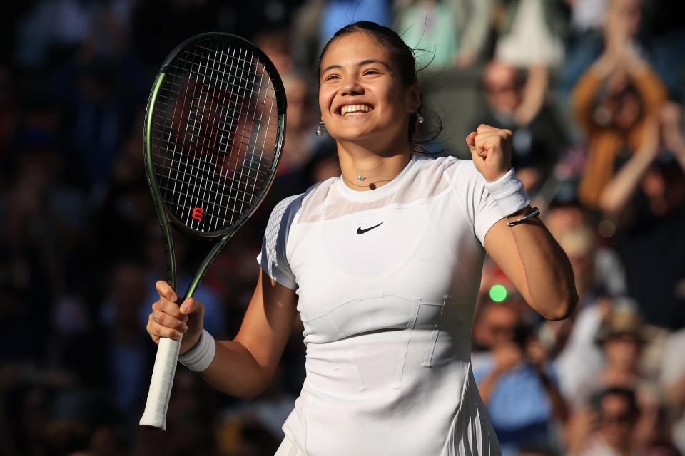 Emma Raducanu (GBR) celebrates her victory over Alison Van Uytvanck (BEL) in their Ladies' Singles 1st Round match during Day One of The Championships Wimbledon 2022 at All England Lawn Tennis and Croquet Club on June 27, 2022 in London, England.