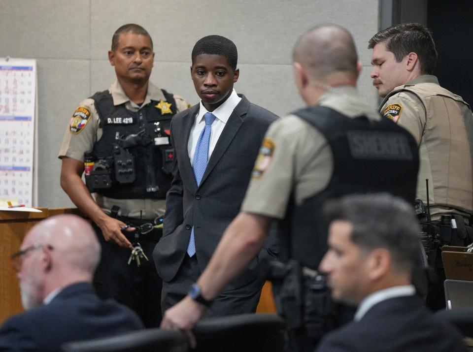 De’Ondre White, shown arriving in court Wednesday, was convicted Wednesday night of murder in a 2021 downtown Austin shooting that killed one man and injured 14 other people.