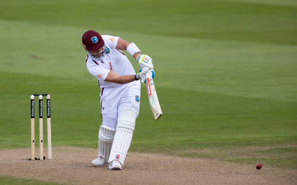 Joshua da Silva of West Indies defends during day one of the 3rd Rothesay Test Match between England and West Indies at Edgbaston on July 26, 2024 in Birmingham, England