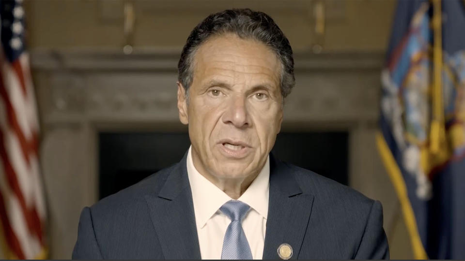 New York Governor Andrew Cuomo responds to sexual harrassment report on August 3, 2021. (NY Governor's Office via Reuters)