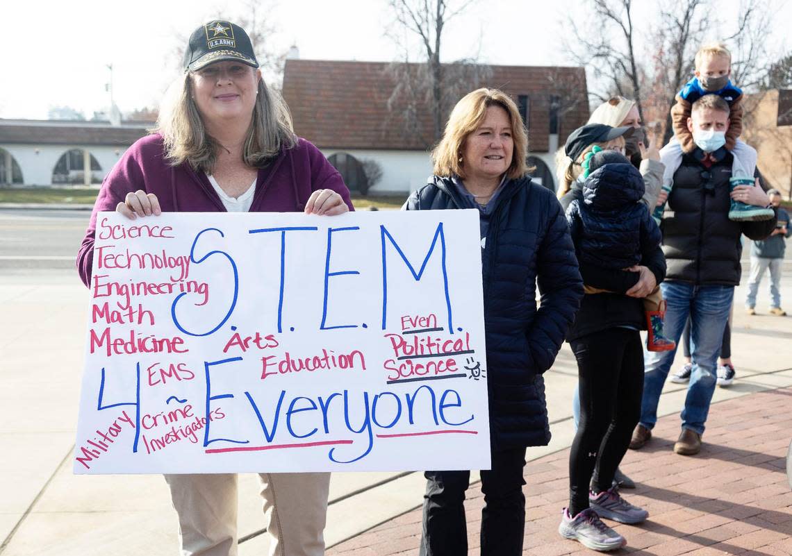 Mindy Gage, left, had Scott Yenor as a professor at Boise State University. She was one of several hundred people who gathered at BSU to demonstrate against comments about women made by Yenor during a speech at the National Conservatism Conference Yenor said working women are “more medicated, meddlesome, and quarrelsome than women need to be” as well as discouraging the recruitment of women into engineering, med school and law.