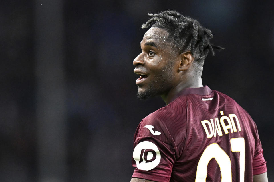 Torino's Duvan Zapata celebrates after scoring the 1-0 goal for his team, during the Serie A soccer match between Torino and AC Milan, Saturday, May 18, 2024, at the Olimpico Grande Torino Stadium in Turin, Italy. (Tano Pecoraro/LaPresse via AP)
