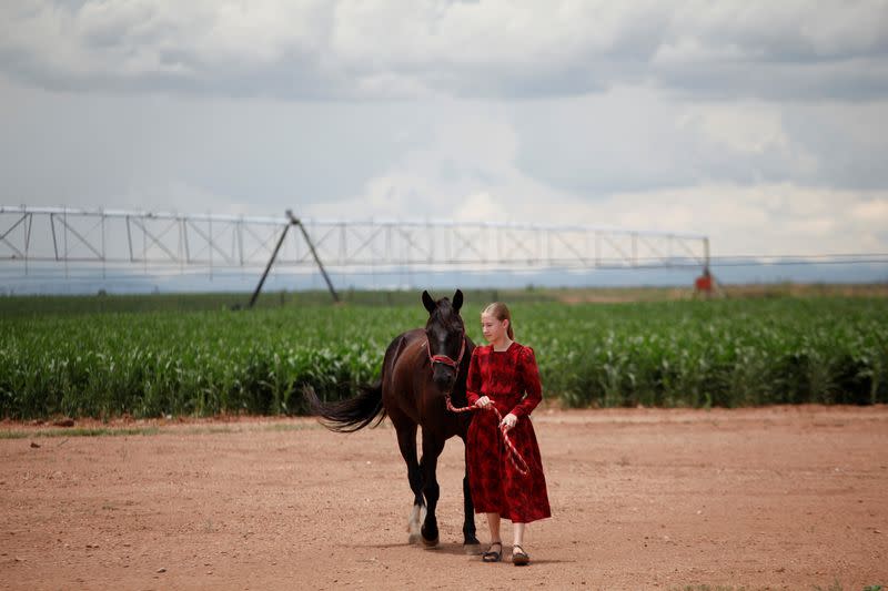 Una niña posa para una foto con su caballo cerca de un campo en la comunidad menonita de Buenos Aires, Janos, Chihuahua, México