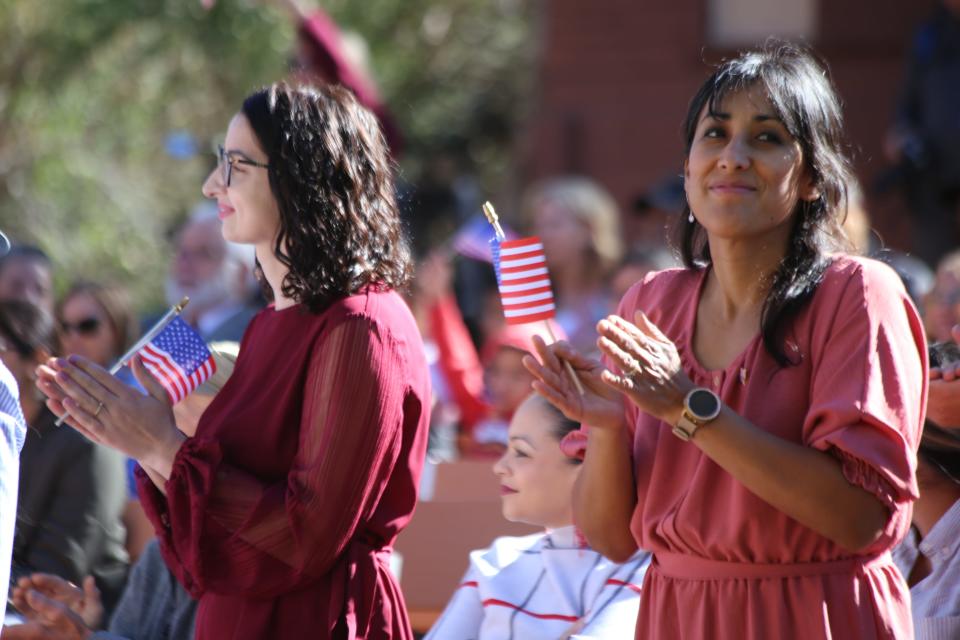 Brenda Corsi, right, from St. George, was one of 33 new U.S. citizens who were sworn into citizenship on Tuesday during a naturalization ceremony at Zion National Park.