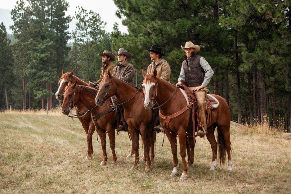 Lee Dutton (Dave Annable), Jamie Dutton (Bentley), Kayce Dutton (Grimes) and John Dutton (Costner).