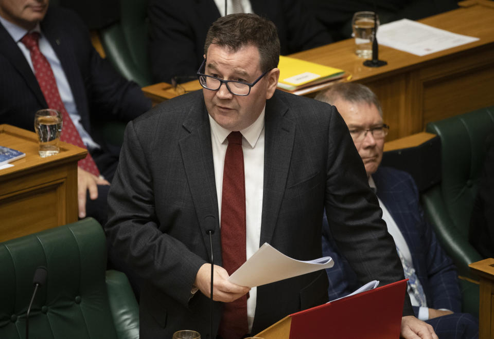 New Zealand Finance Minister Grant Robertson delivers his budget to parliament in Wellington, New Zealand, Thursday, May 20, 2021. New Zealand plans to rebuild its Antarctic base and spend billions more on welfare payments as part of a spending program aimed at lifting the economy out of a coronavirus slump. (Mark Mitchell/NZ Herald via AP)
