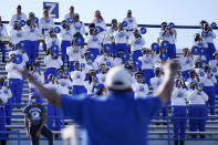 The Tennessee State marching band performs from the stands during the team's NCAA college football game against Southeast Missouri State on Sunday, April 11, 2021, in Nashville, Tenn. Because of COVID-19, the OVC postponed the 2020 season to the spring, and the decision was made to play games on Sunday because member schools needed flexibility to staff all the spring sports. (AP Photo/Mark Humphrey)