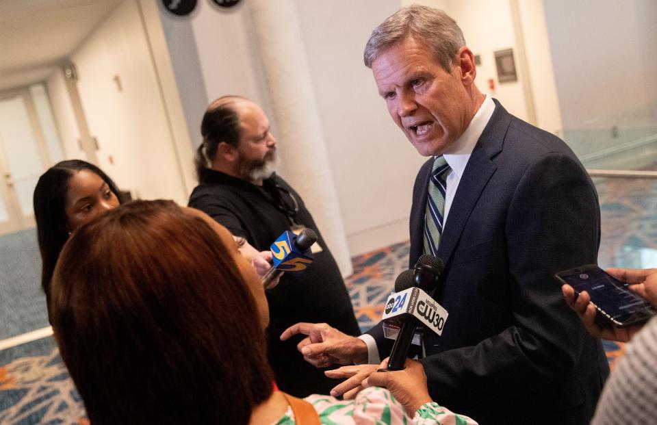 Tennessee Gov. Bill Lee speaks during a press conference at the 2022 MMBC Continuum Economic Development Forum on Wednesday, Aug. 24, 2022, at the Renasant Convention Center in Memphis.