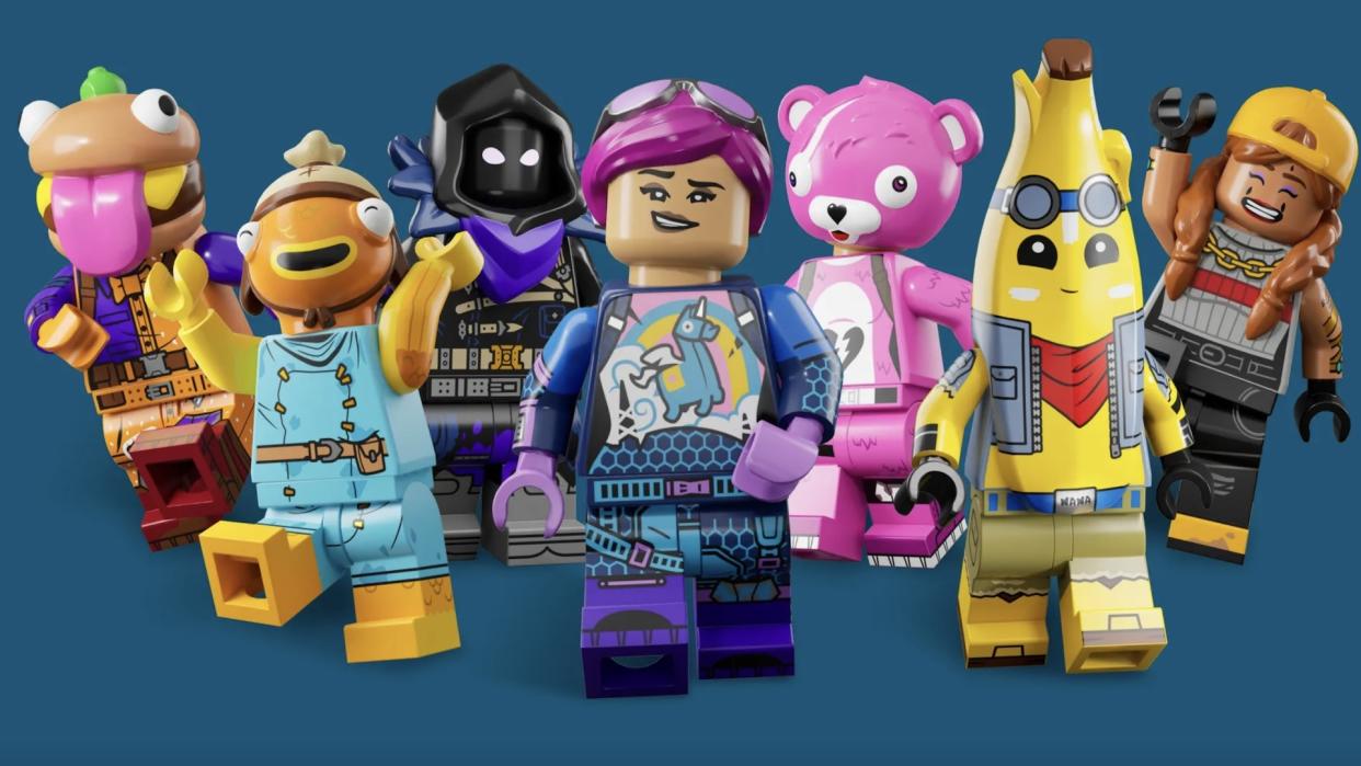  Fortnite Lego characters standing side by side. 