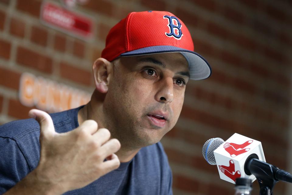 Boston Red Sox manager Alex Cora talks about the dismissal of president of baseball operations Dave Dombrowski, during a news conference before a baseball game against the New York Yankees in Boston, Monday, Sept. 9, 2019. (AP Photo/Michael Dwyer)