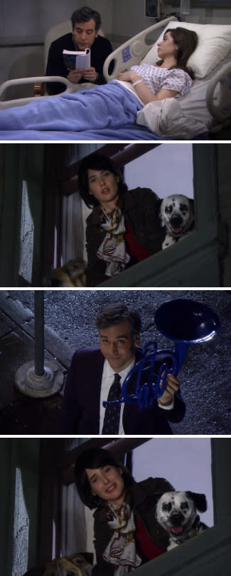 Ted reading to Tracy on her deathbed; Ted arriving to Robin's with a blue French horn