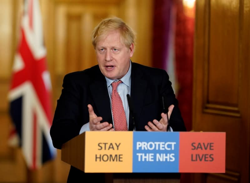 Britain's Prime Minister Boris Johnson speaks during his first remote news conference on the coronavirus disease (COVID-19) outbreak, in London