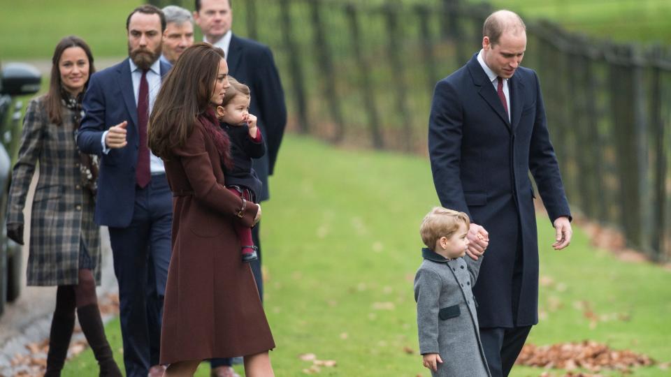 Prince William, Kate, Prince George, Princess Charlotte and Michael, James and Pippa Middleton on Christmas Day 2016