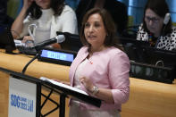 Dina Boluarte, President of Peru, speaks during an event at the SDG Summit at United Nations headquarters, Monday, Sept. 18, 2023. (AP Photo/Seth Wenig)