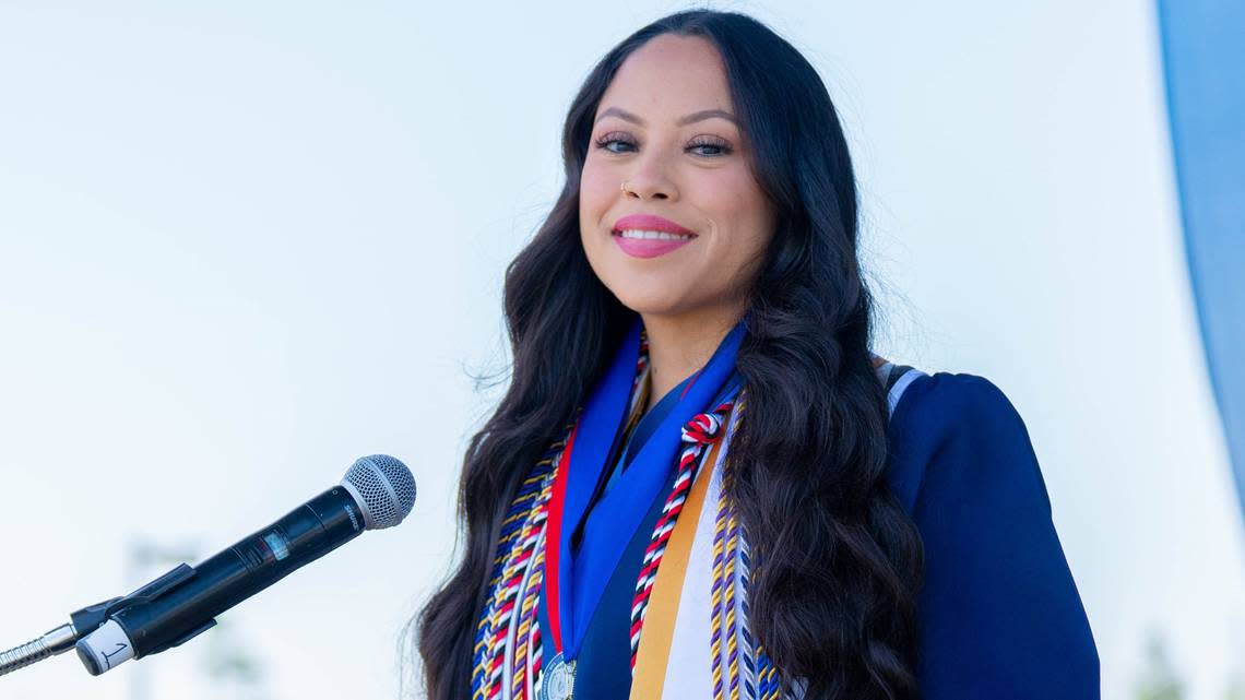 Commencement speaker Kimberly Farias, a first-generation Mexican American college student, on May 11 during speech rehearsal at UC Merced. Juan Rodríguez/Photo courtesy of UC Merced