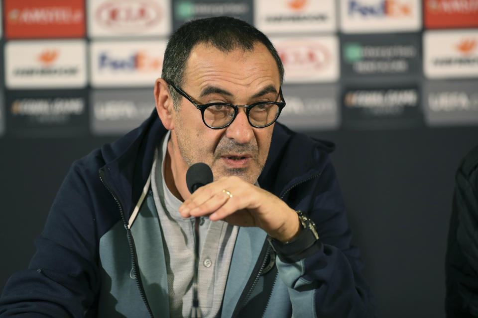Chelsea manager Maurizio Sarri speaks during a media conference at Stadion Malmo, in Malmo, Sweden Wednesday Feb. 13 2019, ahead of their Europa League soccer match between Malmo FF and Chelsea on Thursday. (Andreas Hillergren / TT via AP)