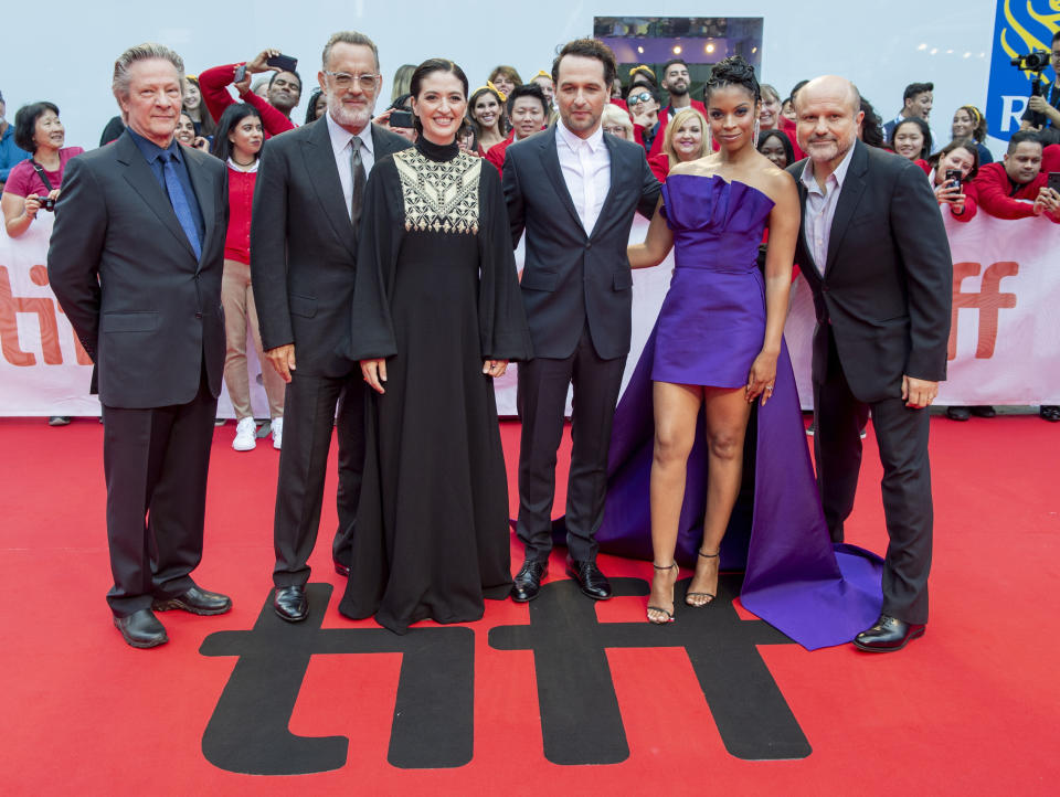 CORRECTS TO MATTHEW RHYS INSTEAD OF RYS Chris Cooper, from left, Tom Hanks, director Marielle Heller, Matthew Rhys, Susan Kelechi Watson and Enrico Colantoni at the Gala Premiere of the film "A Beautiful Day in the Neighborhood" at the 2019 Toronto International Film Festival on Saturday, Sept. 7, 2019. (Frank Gunn/The Canadian Press via AP)