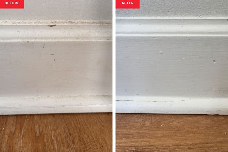 Side by side of baseboards before and after being cleaned with a broom