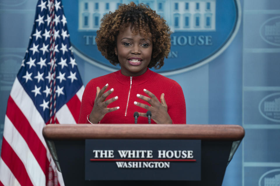 White House press secretary Karine Jean-Pierre speaks during a press briefing at the White House, Monday, Feb. 13, 2023, in Washington. (AP Photo/Evan Vucci)