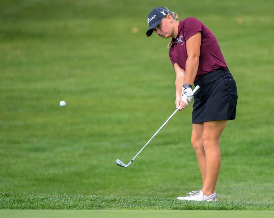 IVC's Morgan Grant chips from the rough on No. 7 during the Class 1A Girls Golf Regional on Thursday, Sept. 28, 2023 at Kellogg Golf Course in Peoria.