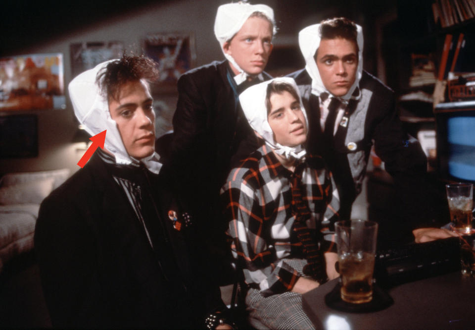 Four guys wearing bras on their heads in Weird Science