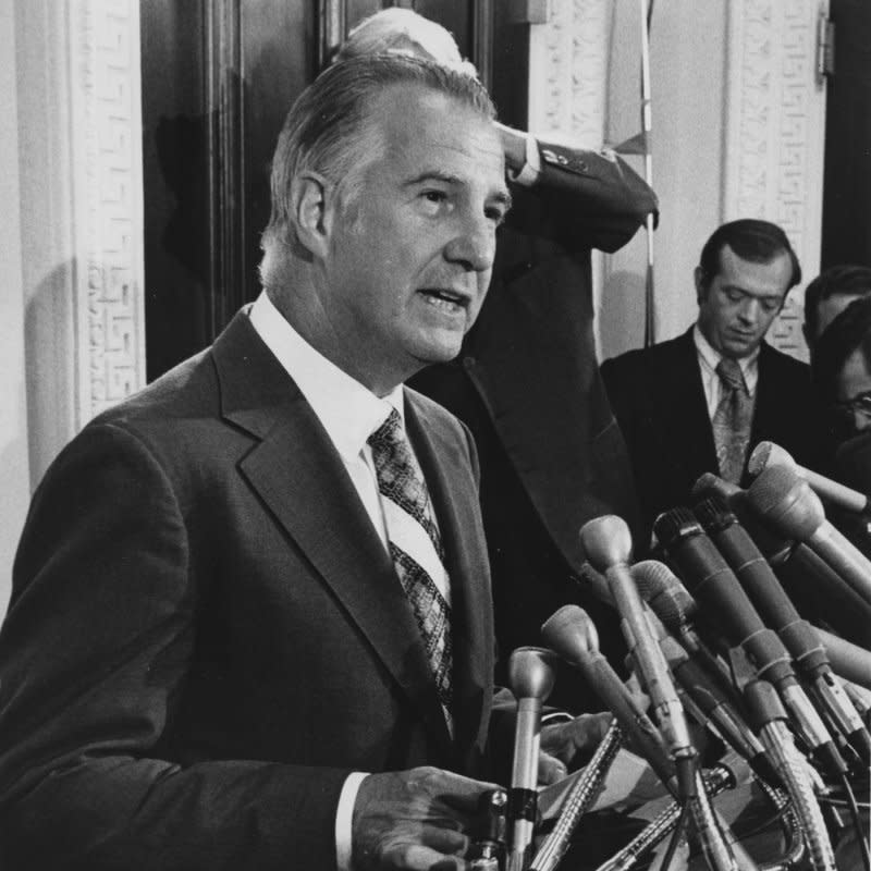 On October 10, 1973, Vice President Spiro Agnew resigns in disgrace after pleading no contest to income tax evasion. UPI File Photo