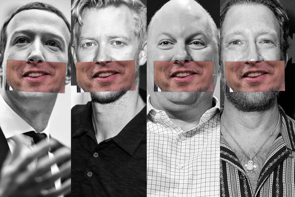 Side-by-sides of Mark Zuckerberg, Steve Huffman, Marc Andreessen, and Dave Portnoy, with Elon Musk's slightly smiling mouth imposed over them.