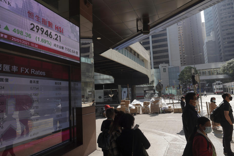 People walk past a bank's electronic board showing the Hong Kong share index at Hong Kong Stock Exchange in Hong Kong Monday, Jan. 25, 2021. Asian shares rose Monday amid some hope for recovering economies slammed by the pandemic, as market attention turned to upcoming company earnings. (AP Photo/Vincent Yu)
