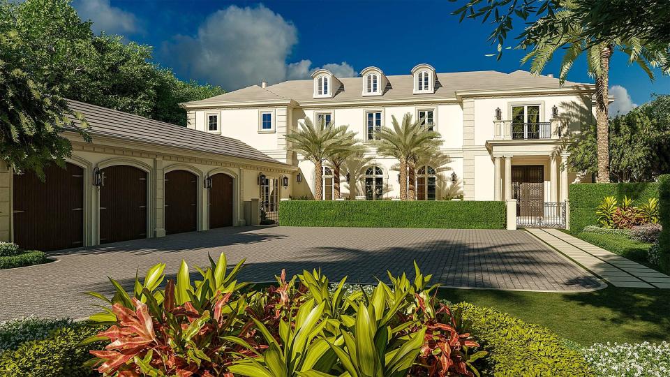 On a lot in Phipps Estate, a winding driveway leads to the motor court for the Palm Beach house designed for 205 Via Tortuga, also known as 474 N. County Road, seen in this rendering. Malasky Homes is finishing up construction on the mansion.