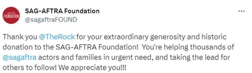 The foundation thanked Johnson on social media for his generous donation (Twitter/Sag-Aftra Foundation)