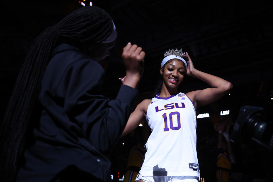 LSU's Angel Reese is introduced prior to the Elite Eight game against Miami in the NCAA women's tournament at Bon Secours Wellness Arena in Greenville, South Carolina, on March 26, 2023. (Maddie Meyer/Getty Images)