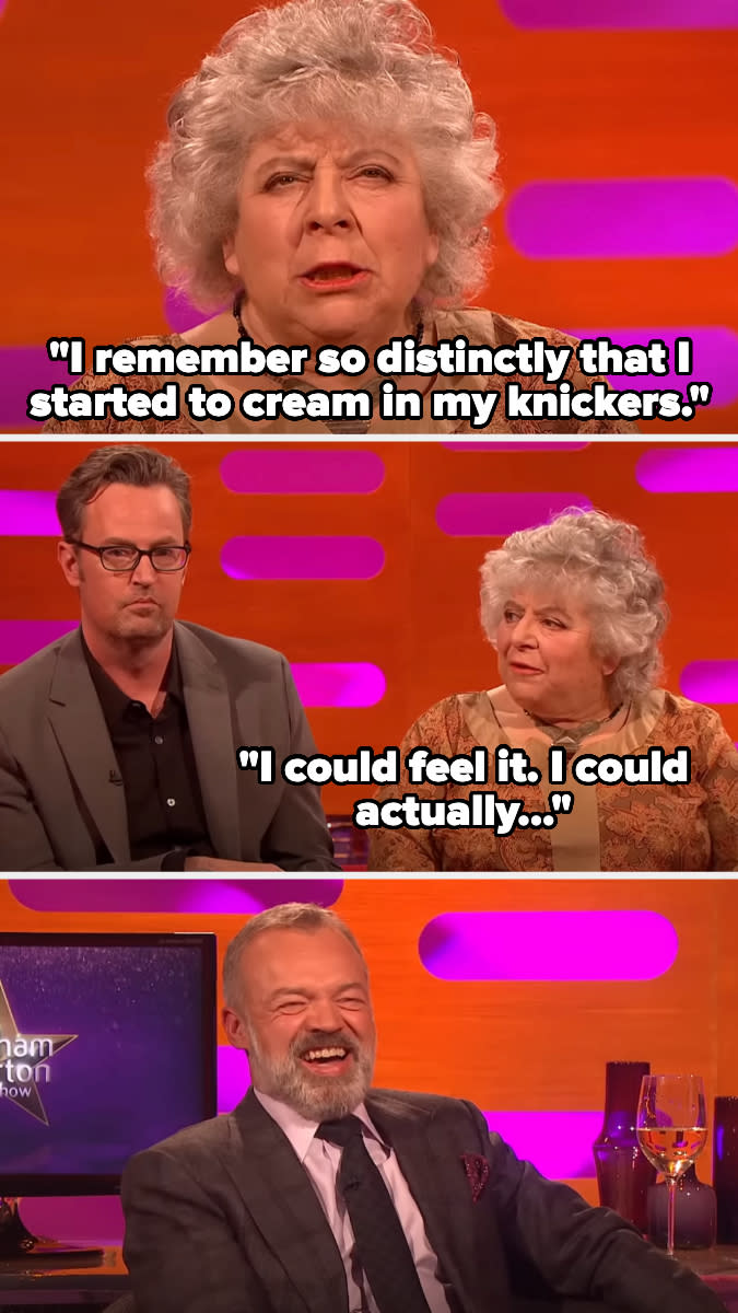 Miriam Margolyes shares a candid story about creaming her knickers on "The Graham Norton Show," while Matthew Perry and Graham Norton react