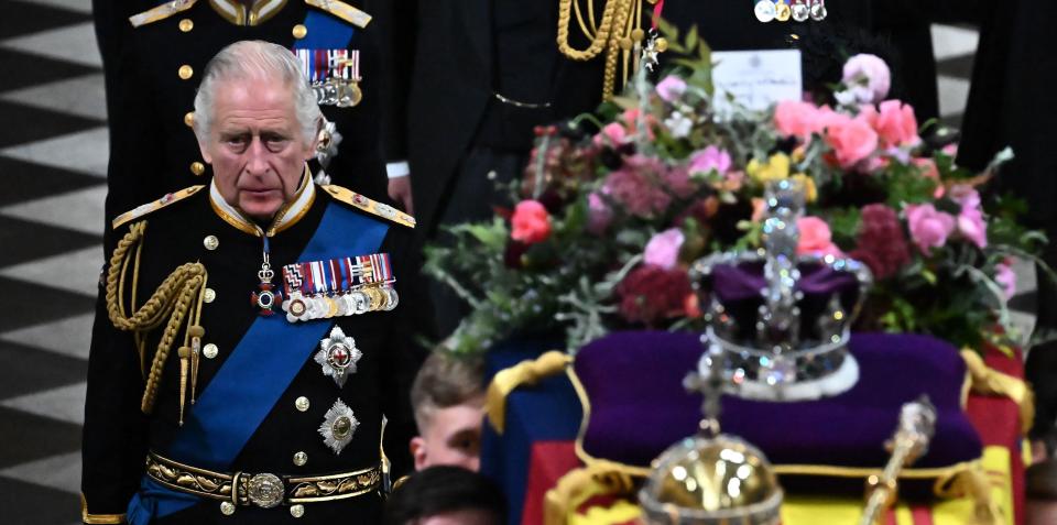 <p>Britain's King Charles III walks behind the coffin of Britain's Queen Elizabeth II as he leaves Westminster Abbey in London on September 19, 2022, after the State Funeral Service for Britain's Queen Elizabeth II. (Photo by Ben Stansall / POOL / AFP) (Photo by BEN STANSALL/POOL/AFP via Getty Images)</p> 