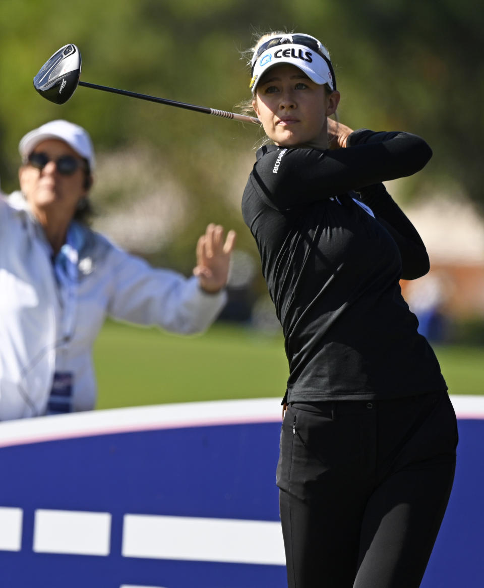 Nelly Korda hit her tee shot on the second hole during the final round of the LPGA Pelican Women's Championship golf tournament at Pelican Golf Club, Sunday, Nov. 14, 2021, in Belleair, Fla. (AP Photo/Steve Nesius)
