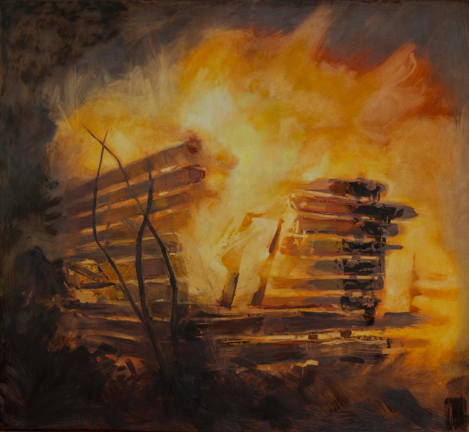 Some of Richard Neal's paintings are of buildings on fire, including War-era shanties, remnants of slavery that had become the homes of poor Black families when he was growing up in Maryland.