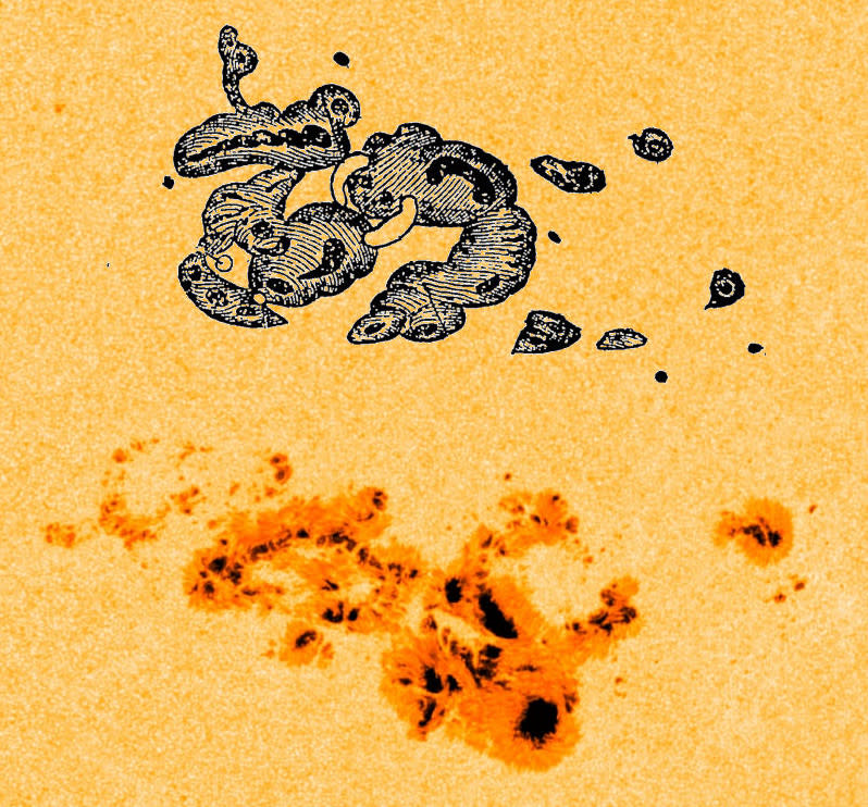 圖說：大型太陽黑子群AR 3664（下）與1859年卡靈頓黑子群（上）的比較。圖片來源：Spaceweather