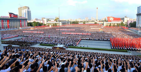 A general view shows a Pyongyang city mass rally held at Kim Il Sung Square on August 9, 2017, to fully support the statement of the Democratic People's Republic of Korea (DPRK) government in this photo released on August 10, 2017 by North Korea's Korean Central News Agency (KCNA) in Pyongyang. KCNA/via REUTERS