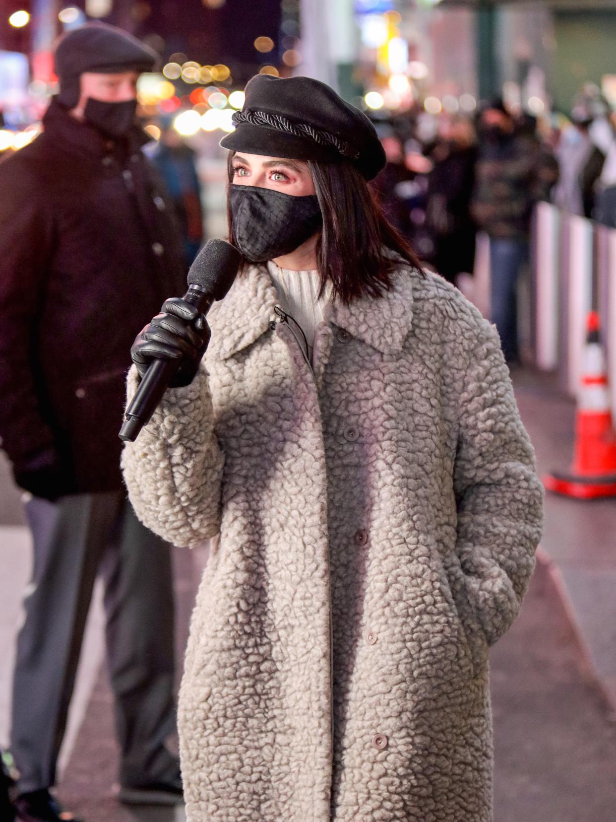 Lucy Hale is seen at the "Dick Clark's New Year's Rockin' Eve 2021" at Times Square on Dec. 29, 2020, in New York City.