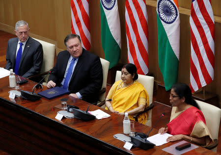 U.S. Secretary of State Mike Pompeo, U.S. Secretary of Defence James Mattis, India's Foreign Minister Sushma Swaraj and India's Defence Minister Nirmala Sitharaman attend a joint news conference after a meeting in New Delhi, India, September 6, 2018. REUTERS/Adnan Abidi