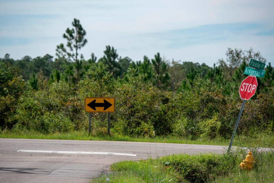 The intersection of Poole Street and Arkansas Avenue on Wednesday, Sept. 22, 2021. If the city’s plan to build a road into the wooded parcel of land proceeds, Poole Street will extend into the forest across the street.