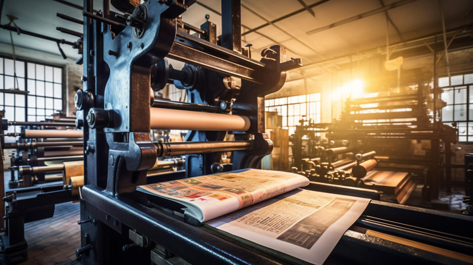 A high tech printing press, producing professional-grade physical books.