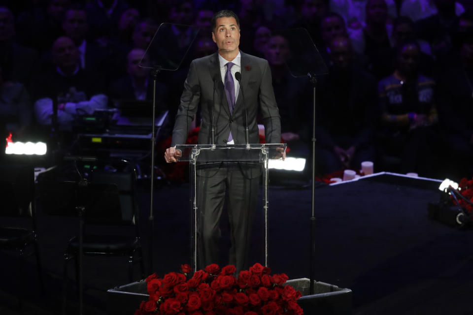 Los Angeles Lakers General Manager Rob Pelinka speaks during a celebration of life for Kobe Bryant and his daughter Gianna Monday, Feb. 24, 2020, in Los Angeles. (AP Photo/Marcio Jose Sanchez)