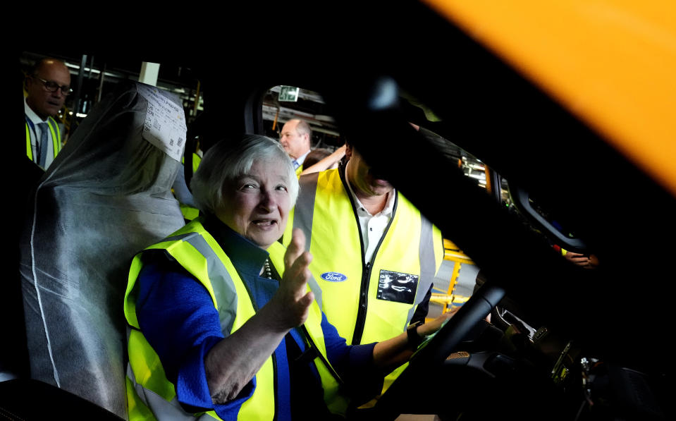 U.S. Treasury Secretary Janet Yellen sits inside a newly build vehicle during her tour at the Ford Assembling Plant in Pretoria, South Africa, Thursday, Jan. 26, 2023. (AP Photo/Themba Hadebe)