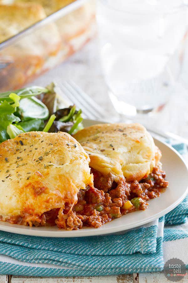 Italian Ground Beef Casserole with Biscuit Topping