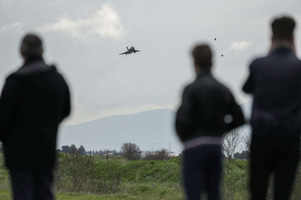 A view of a Rafale jet flies in Tanagra military air base, about 82 kilometres (51miles) north of Athens, Greece, on Wednesday, Jan. 19, 2022. Six advanced-tech Rafale jets bought from the French air force were handed over Wednesday to the Greek armed forces ‒ the first major delivery to result from multi-billion euro defense deals sealed with Paris last year. (AP Photo/Thanassis Stavrakis)